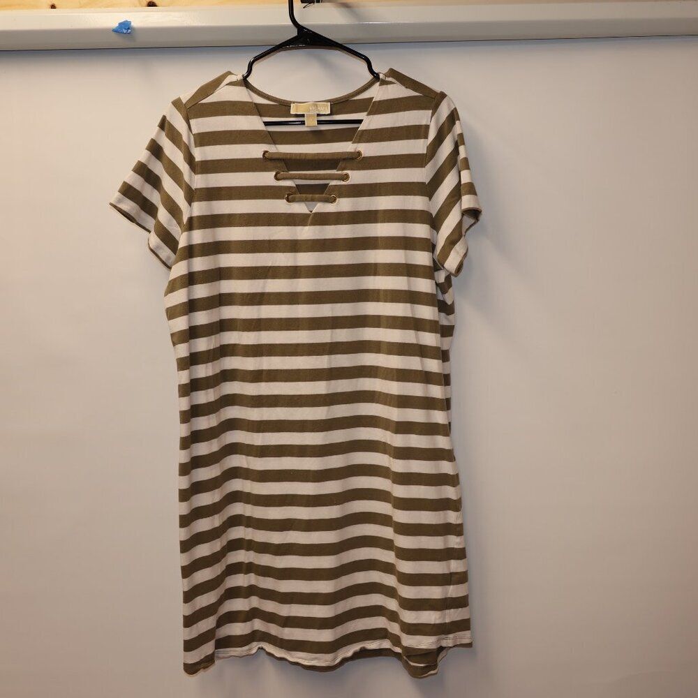 Michael Kors Olive & White Striped Lace-Up Neckline Casual Dress Size L